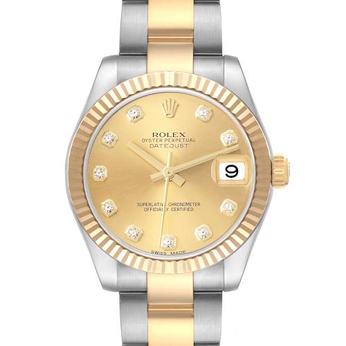 The Rolex Mid-Size 178273 Women's Steel and Gold (two tone) Champagne Dial 178273 Women's Steel and Gold (two tone) Champagne Dial Datejust is shown from the front, highlighting its gold dial, diamond hour markers, and two-tone bracelet.
