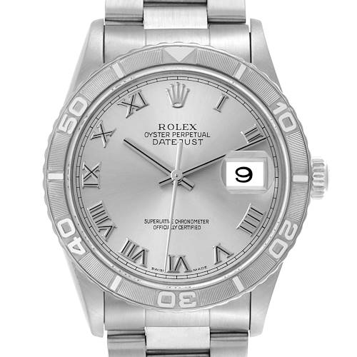 The Rolex Datejust watch is shown from a front angle, displaying the dial, bezel, and part of the bracelet.