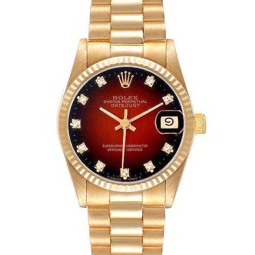 The Rolex President 68278 Women's Yellow Gold Red Dial 68278 Women's Yellow Gold Red Dial model watch is shown from the front, highlighting the dial, bezel, and bracelet.