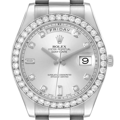 The image shows a Rolex President 218349 Men's White Gold Silver Dial 218349 Men's White Gold Silver Dial model watch face from a front angle, showcasing the dial, diamond bezel, and bracelet links.