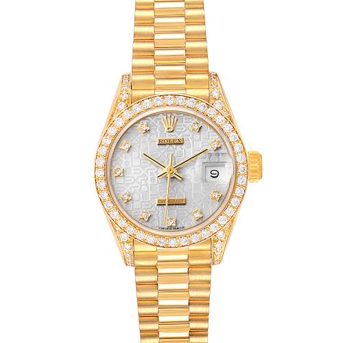 This image shows a Rolex President 69158 Women's Yellow Gold Silver Dial 69158 Women's Yellow Gold Silver Dial model watch from a face-on angle, highlighting its dial, bezel, and bracelet.