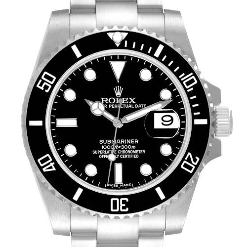 The image shows a frontal view of the Rolex Submariner 116610 Men's Stainless Steel Black Dial 116610 Men's Stainless Steel Black Dial watch, highlighting the dial, bezel, hands, and bracelet.