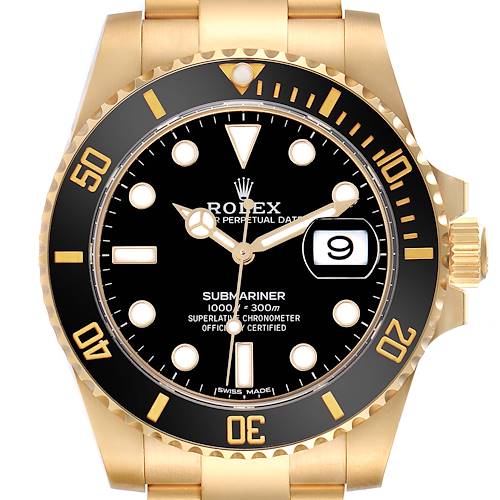 The Rolex Submariner 116618LN Men's Yellow Gold Black Dial 116618LN Men's Yellow Gold Black Dial watch is shown from the front, displaying its dial, bezel, crown, and part of the bracelet.