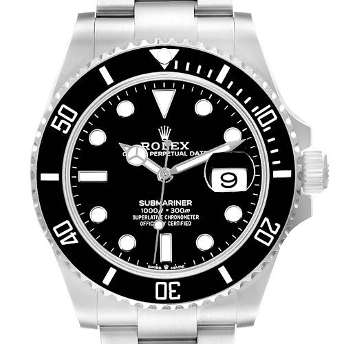 The image shows a front view of the Rolex Submariner 126610 Men's Stainless Steel Black Dial 126610 Men's Stainless Steel Black Dial watch, including its dial, bezel, crown, and part of the bracelet.