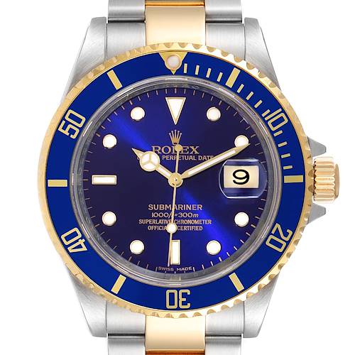 The image shows a front view of the Rolex Submariner 16613 Men's Steel and Gold (two tone) Blue Dial 16613 Men's Steel and Gold (two tone) Blue Dial watch, highlighting the dial, bezel, date window, and part of the bracelet.