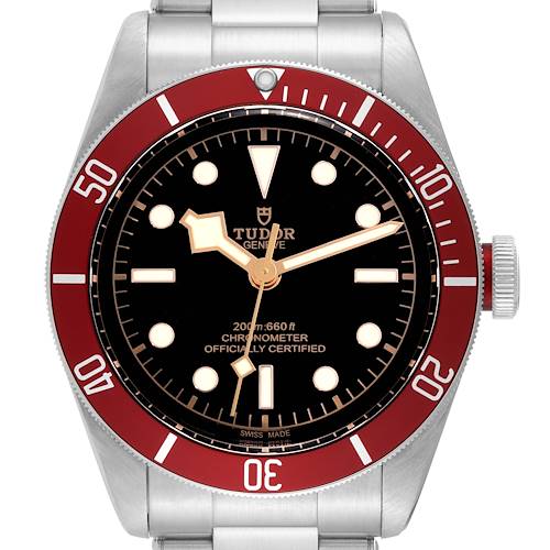 This image shows the front view of a Tudor Heritage Black Bay 79230R Men's Stainless Steel Black Dial 79230R Men's Stainless Steel Black Dial watch, highlighting the dial, bezel, and part of the bracelet.