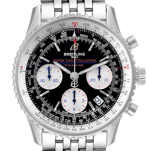 The image shows a front view of a Breitling Navitimer A23322 Men's Stainless Steel Black Dial A23322 Men's Stainless Steel Black Dial watch, highlighting its dial, bezel, and bracelet.