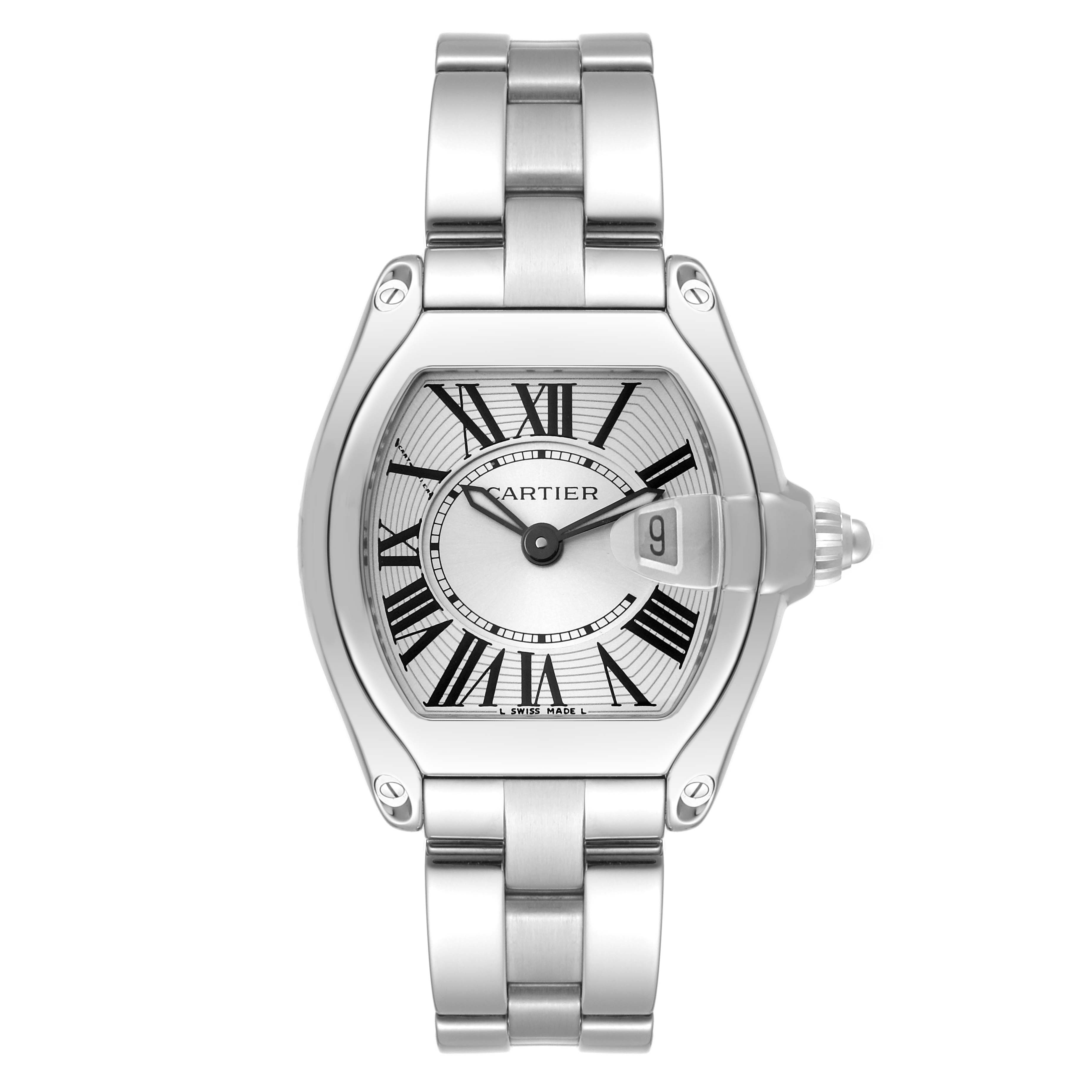 The image shows a front view of the Cartier Roadster W62016V3 Women's Stainless Steel Silver Dial W62016V3 Women's Stainless Steel Silver Dial watch, highlighting its dial, case, and bracelet.
