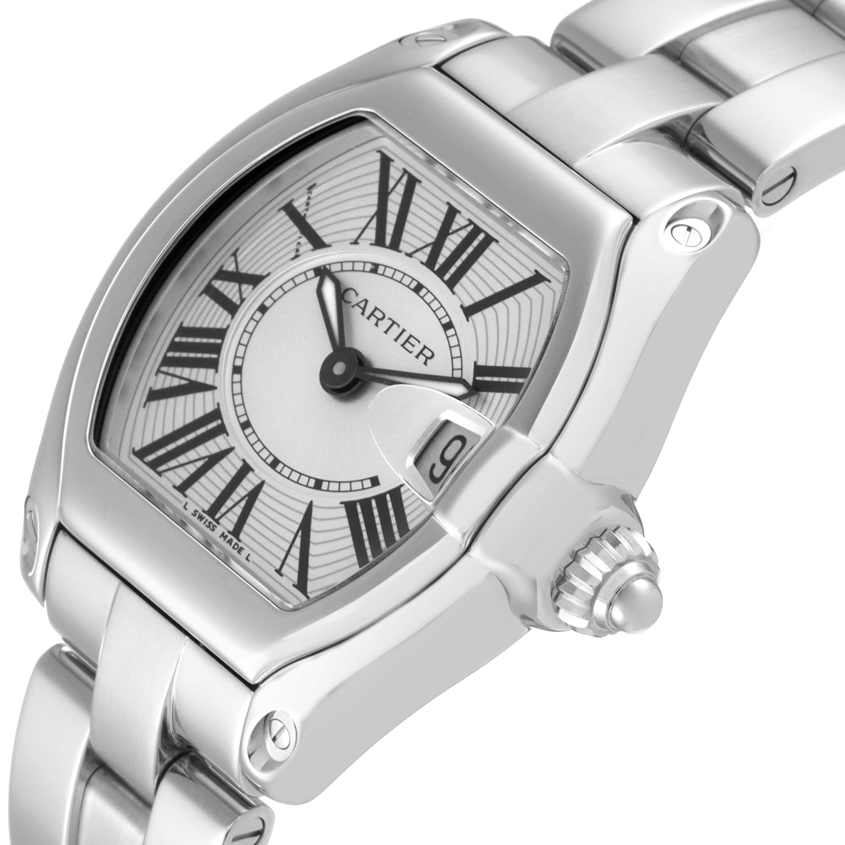 This image shows a close-up angle of the Cartier Roadster W62016V3 Women's Stainless Steel Silver Dial W62016V3 Women's Stainless Steel Silver Dial watch, highlighting the dial, crown, and part of the bracelet.