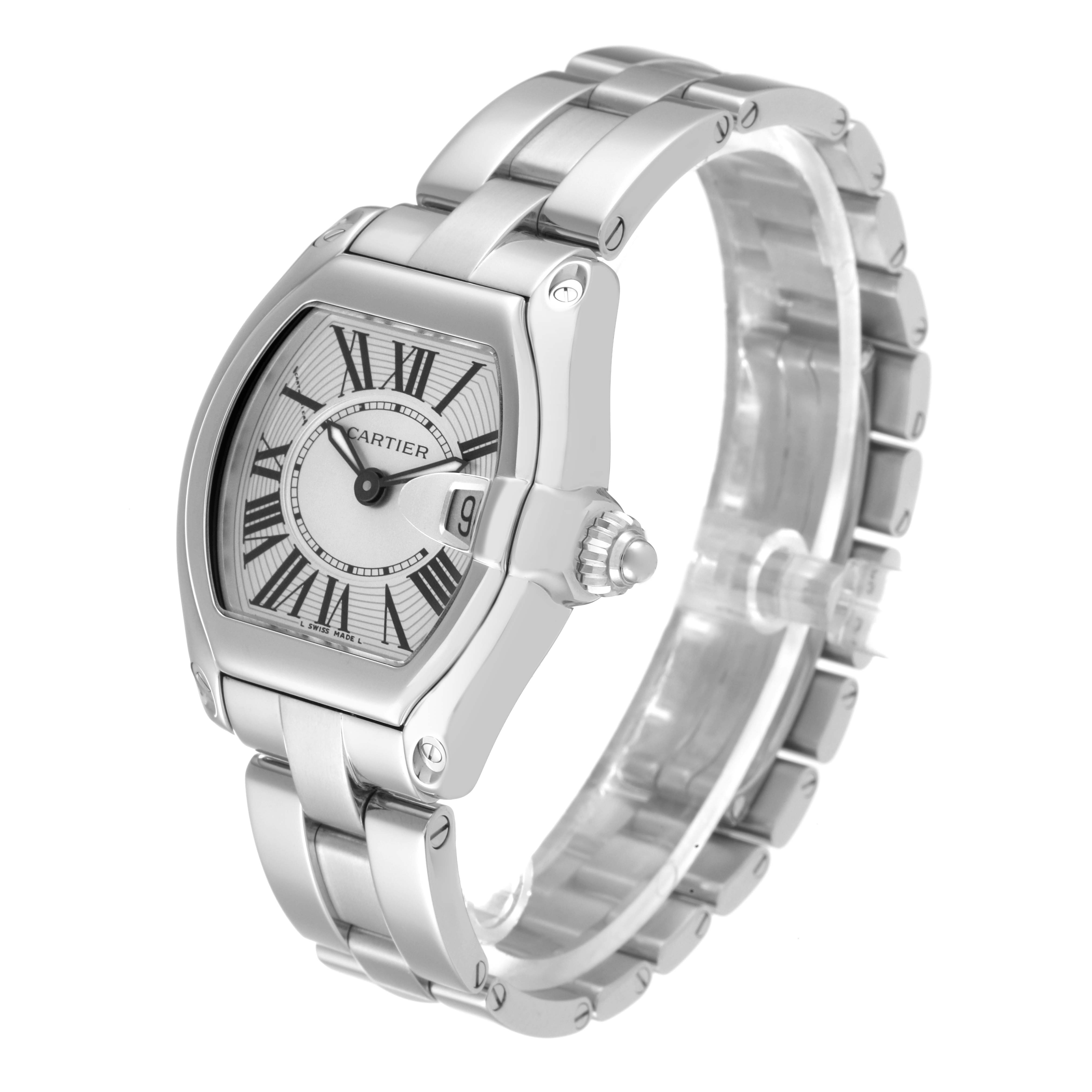 This image shows a Cartier Roadster W62016V3 Women's Stainless Steel Silver Dial W62016V3 Women's Stainless Steel Silver Dial watch from an angled side view, highlighting the case, dial, crown, and bracelet.