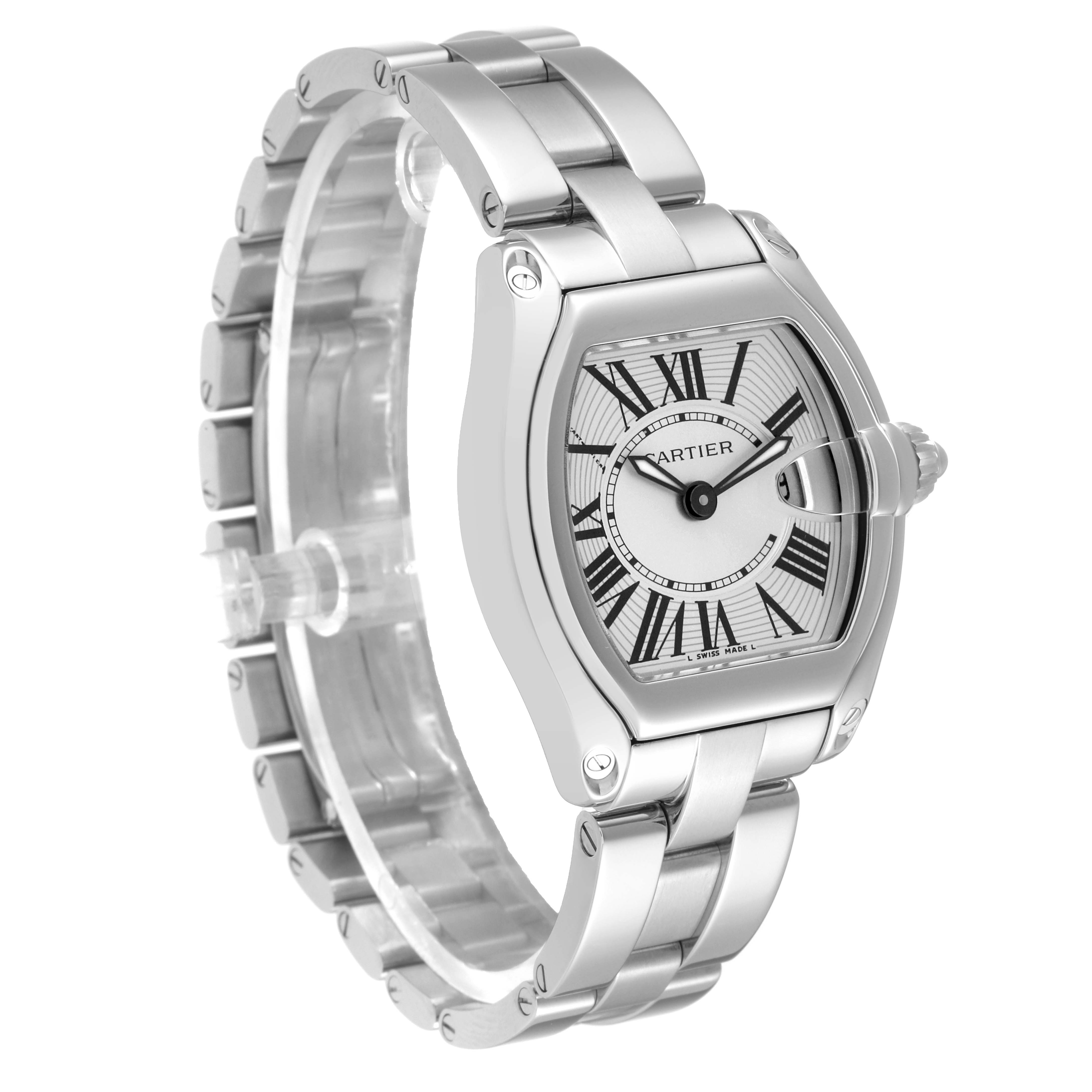 This image shows a Cartier Roadster W62016V3 Women's Stainless Steel Silver Dial W62016V3 Women's Stainless Steel Silver Dial watch at a three-quarter angle highlighting its face and metal bracelet.