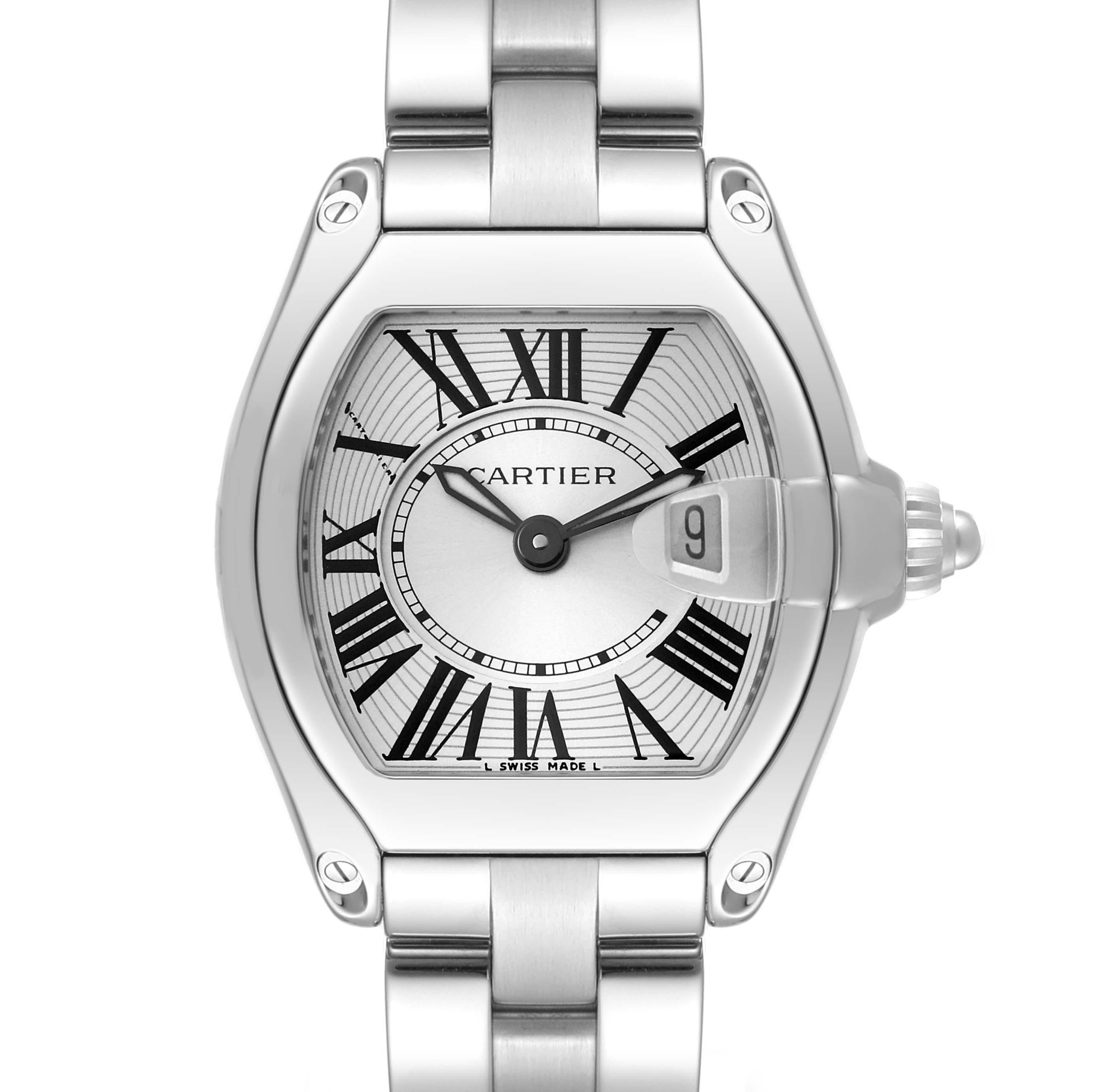 This image shows a Cartier Roadster W62016V3 Women's Stainless Steel Silver Dial W62016V3 Women's Stainless Steel Silver Dial watch head-on, highlighting the dial, hands, crown, and part of the bracelet.