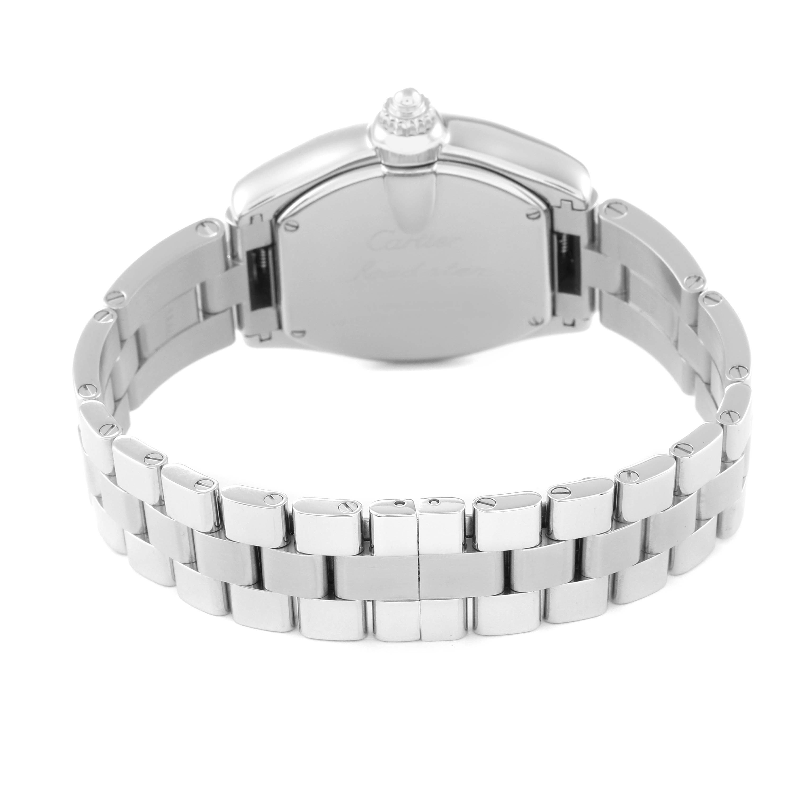 The image shows the back view of the Cartier Roadster W62016V3 Women's Stainless Steel Silver Dial W62016V3 Women's Stainless Steel Silver Dial watch, highlighting its bracelet and clasp.