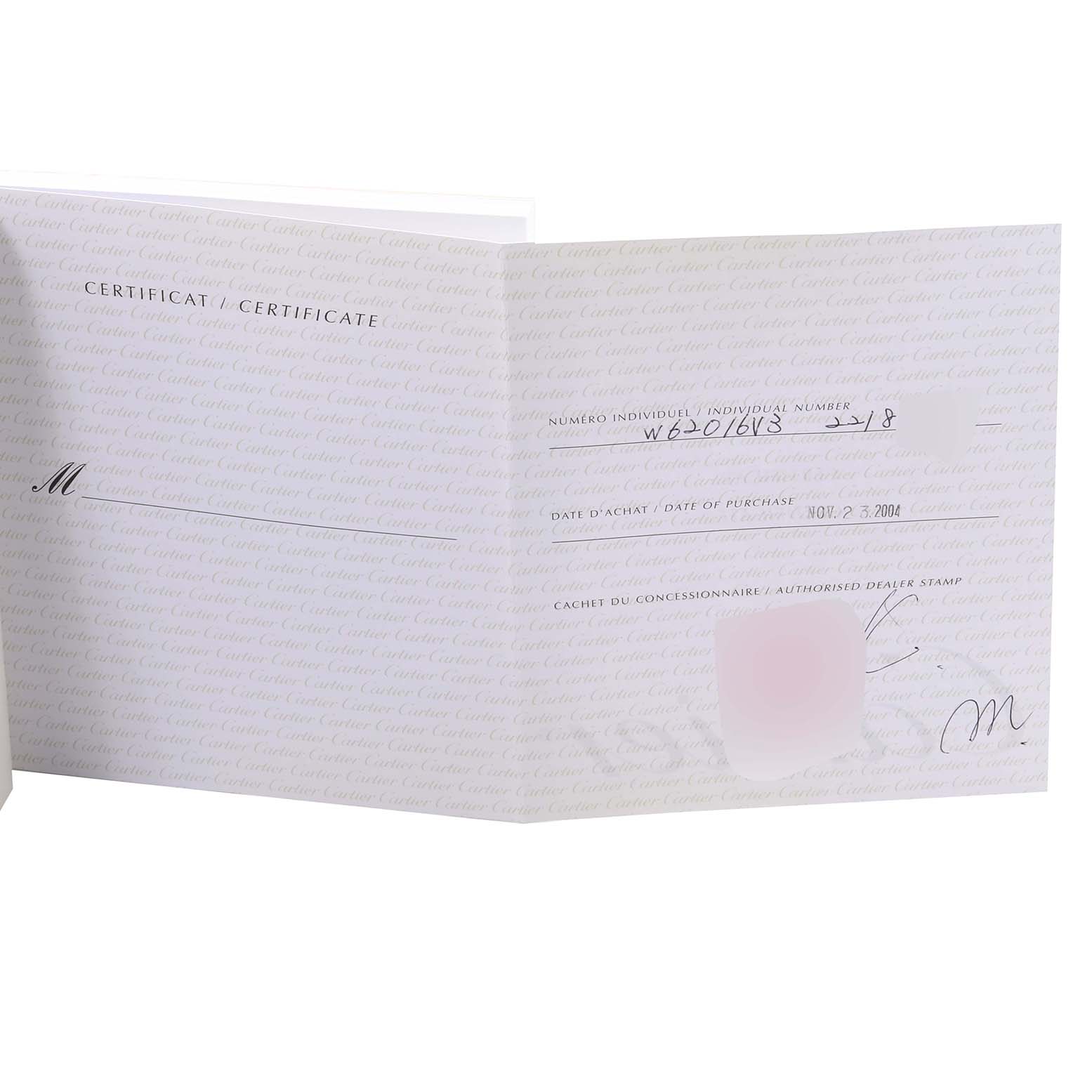 The image shows an open warranty card for the Cartier Roadster W62016V3 Women's Stainless Steel Silver Dial W62016V3 Women's Stainless Steel Silver Dial model watch.