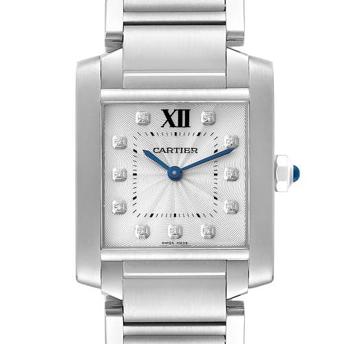 This image shows a close-up front view of the Cartier Tank Francaise WE110007 Women's Stainless Steel Silver Dial WE110007 Women's Stainless Steel Silver Dial watch, highlighting its face, dial, hands, and part of the bracelet.