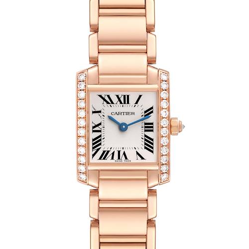 The image shows a Cartier Tank Française watch from a front angle, displaying its rectangular face and diamond-studded rose gold case.