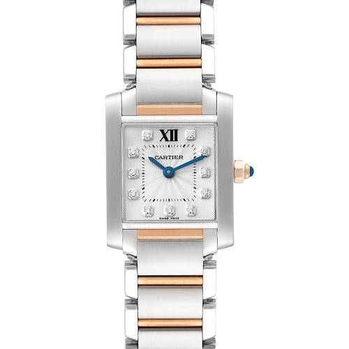 The image shows a front view of a Cartier Tank Francaise WE110004 Women's Steel and Gold (two tone) Silver Dial WE110004 Women's Steel and Gold (two tone) Silver Dial watch, highlighting its two-tone metal band and detailed square face.