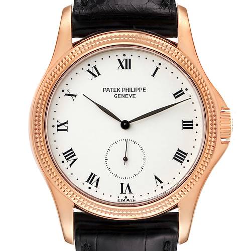 The image shows a frontal view of a Patek Philippe Calatrava 5115R Men's Rose Gold White Dial 5115R Men's Rose Gold White Dial watch, displaying its dial, hands, bezel, and strap.