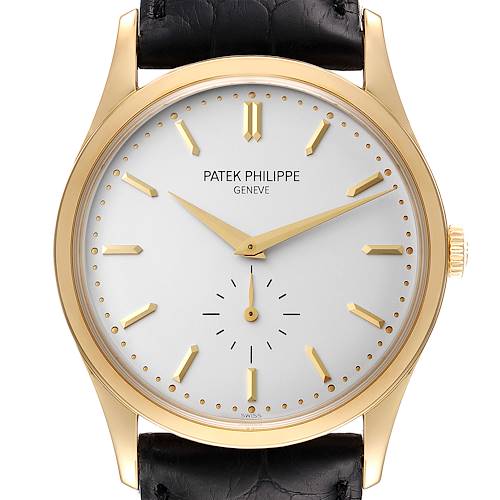 The Patek Philippe Calatrava 5196J Men's Yellow Gold Silver Dial 5196J Men's Yellow Gold Silver Dial watch is shown at a straight-on angle, highlighting its face, hands, markers, crown, and strap.