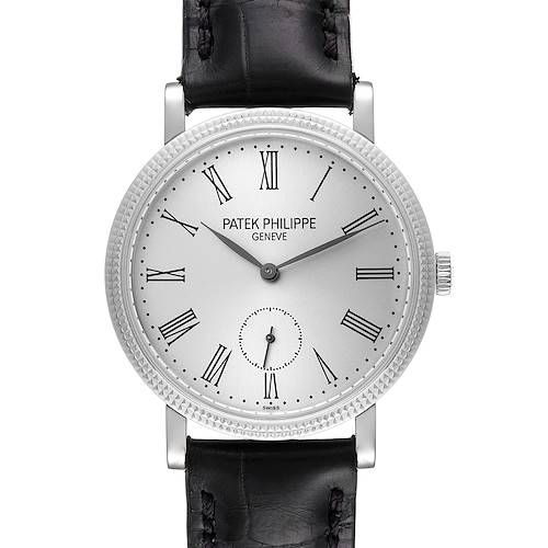 The image shows a front view of the Patek Philippe Calatrava 7119G Men's White Gold Silver Dial 7119G Men's White Gold Silver Dial watch displaying its dial, bezel, leather strap, and crown.