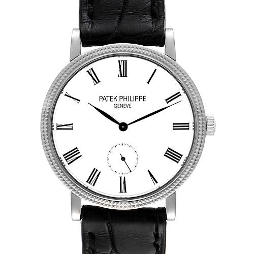 This image shows a front view of the Patek Philippe Calatrava 7119G Women's White Gold White Dial 7119G Women's White Gold White Dial watch, highlighting its face, bezel, and leather strap.