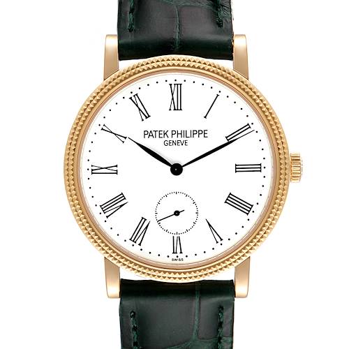The image shows a front view of a Patek Philippe Calatrava 7119J Women's Yellow Gold White Dial 7119J Women's Yellow Gold White Dial watch, highlighting the dial, case, and leather strap.