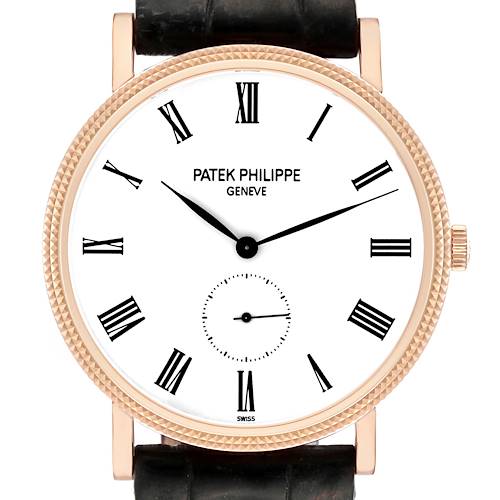 This image shows a frontal view of the Patek Philippe Calatrava 5119R Men's Rose Gold White Dial 5119R Men's Rose Gold White Dial watch, highlighting the watch face, Roman numerals, and black leather strap.