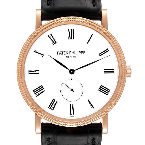 This image shows a Patek Philippe Calatrava 5119R Men's Rose Gold White Dial 5119R Men's Rose Gold White Dial watch, featuring a close-up of its face, bezel, and a part of the strap at a straight-on angle.