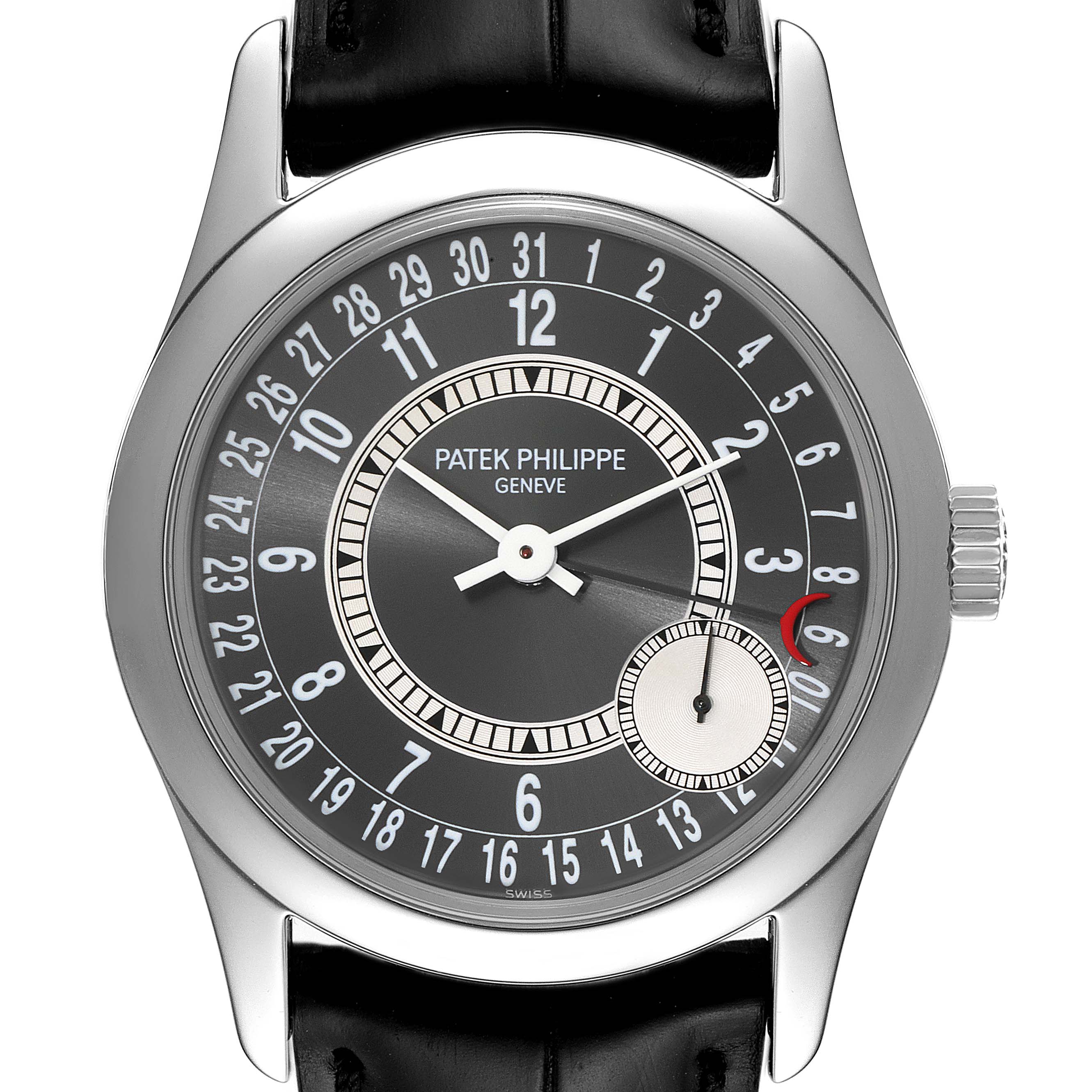 The image shows a front view of a Patek Philippe Calatrava 6000G Men's White Gold Grey Dial 6000G Men's White Gold Grey Dial watch, highlighting its dial, hands, indices, and crown.