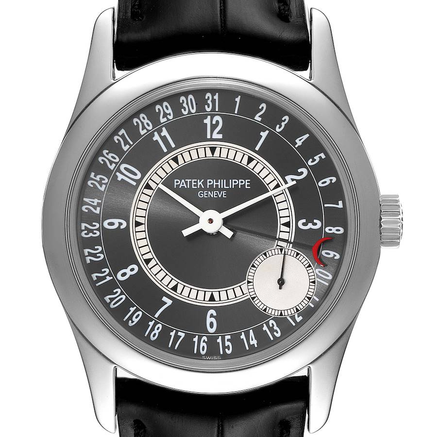 The image shows a front view of a Patek Philippe Calatrava 6000G Men's White Gold Grey Dial 6000G Men's White Gold Grey Dial watch, highlighting its dial, hands, indices, and crown.