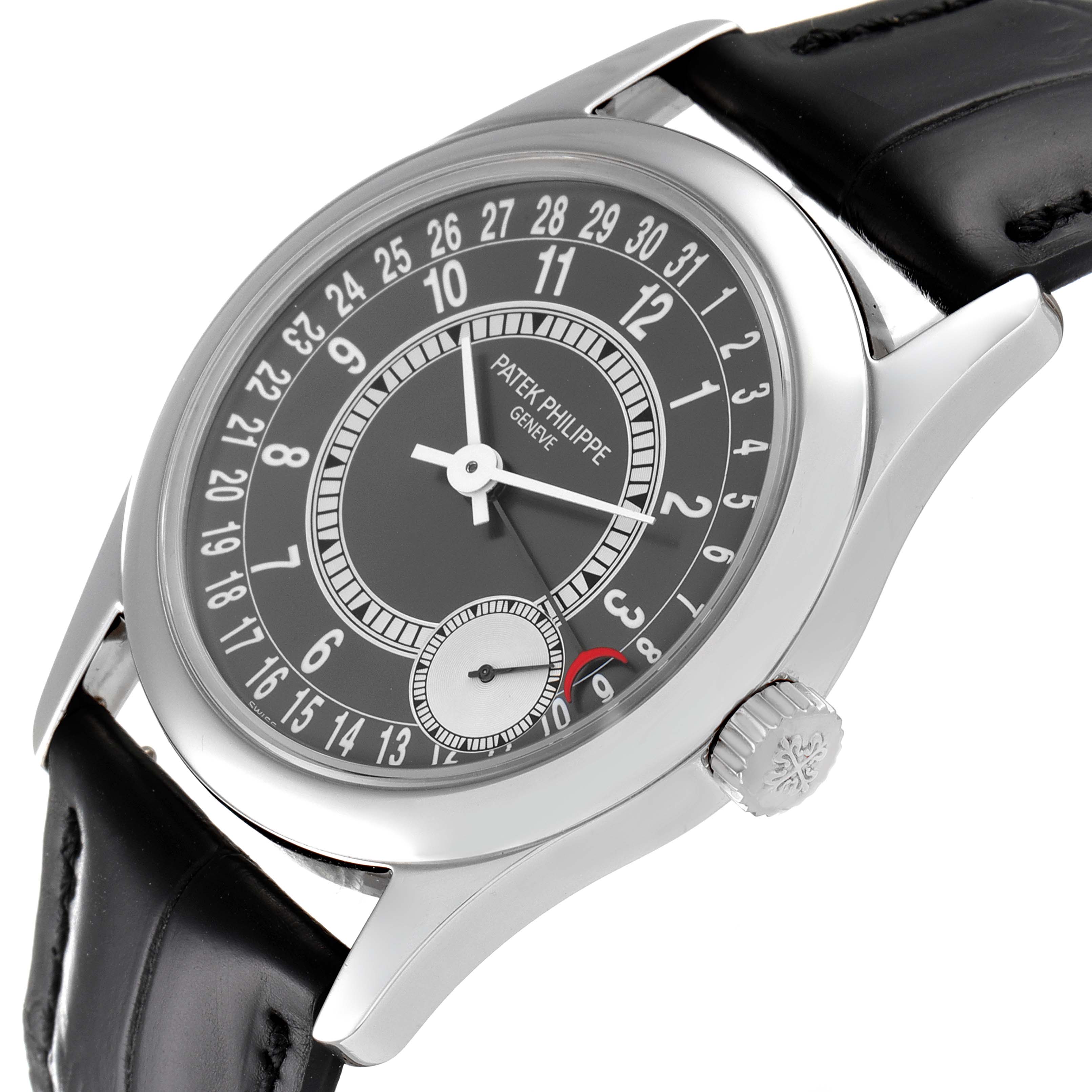 The image shows a front-angle view of the Patek Philippe Calatrava 6000G Men's White Gold Grey Dial 6000G Men's White Gold Grey Dial watch, highlighting the dial, crown, and leather strap.