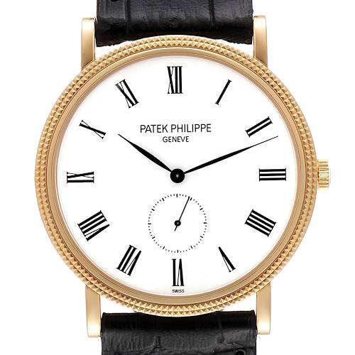 This is a front view of the Patek Philippe Calatrava 5119J Men's Yellow Gold White Dial 5119J Men's Yellow Gold White Dial watch displaying the face, dial, and part of the strap.