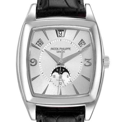 The image shows a frontal view of the Patek Philippe Gondolo 5135G Men's White Gold Silver Dial 5135G Men's White Gold Silver Dial watch, displaying the dial, hands, crown, and part of the black leather strap.