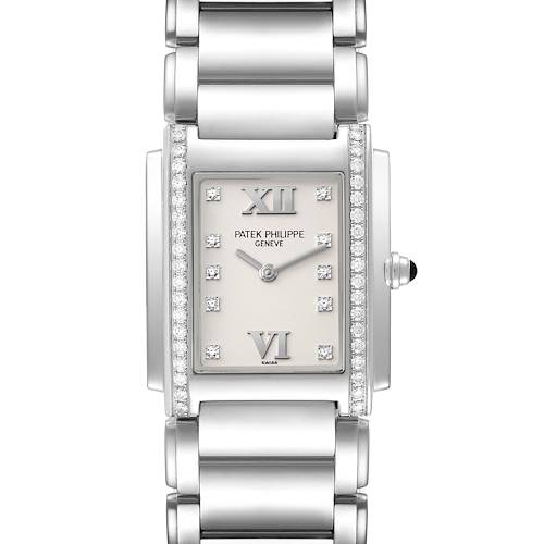 This image shows a head-on view of the Patek Philippe Twenty-4 4910/010 Women's Stainless Steel Silver Dial 4910/010 Women's Stainless Steel Silver Dial watch, highlighting the face, bezel, and bracelet.