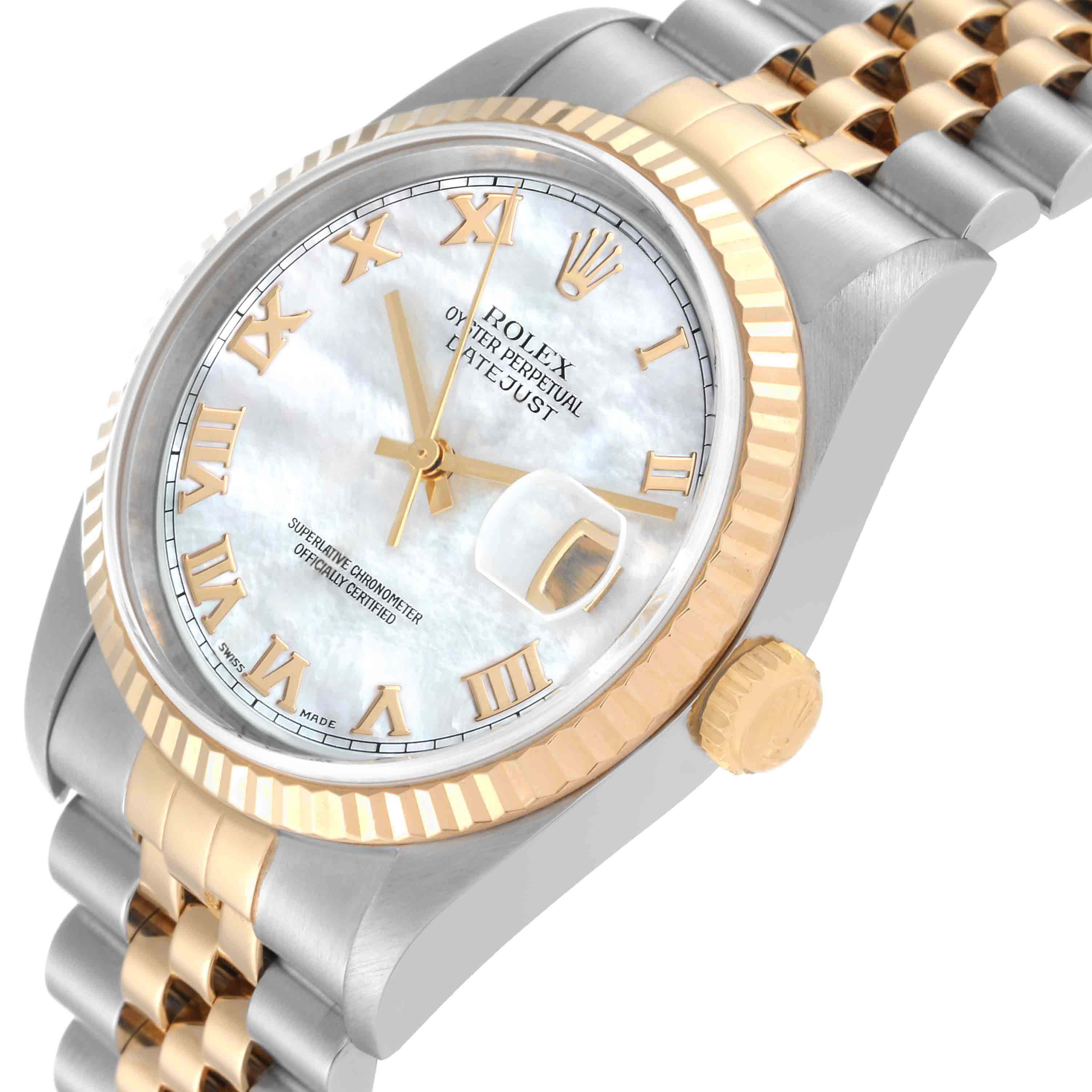 The image shows a close-up, angled view of a Rolex Datejust 16233 Men's Steel and Gold (two tone) Mother of Pearl Dial 16233 Men's Steel and Gold (two tone) Mother of Pearl Dial watch face, bezel, crown, and bracelet.