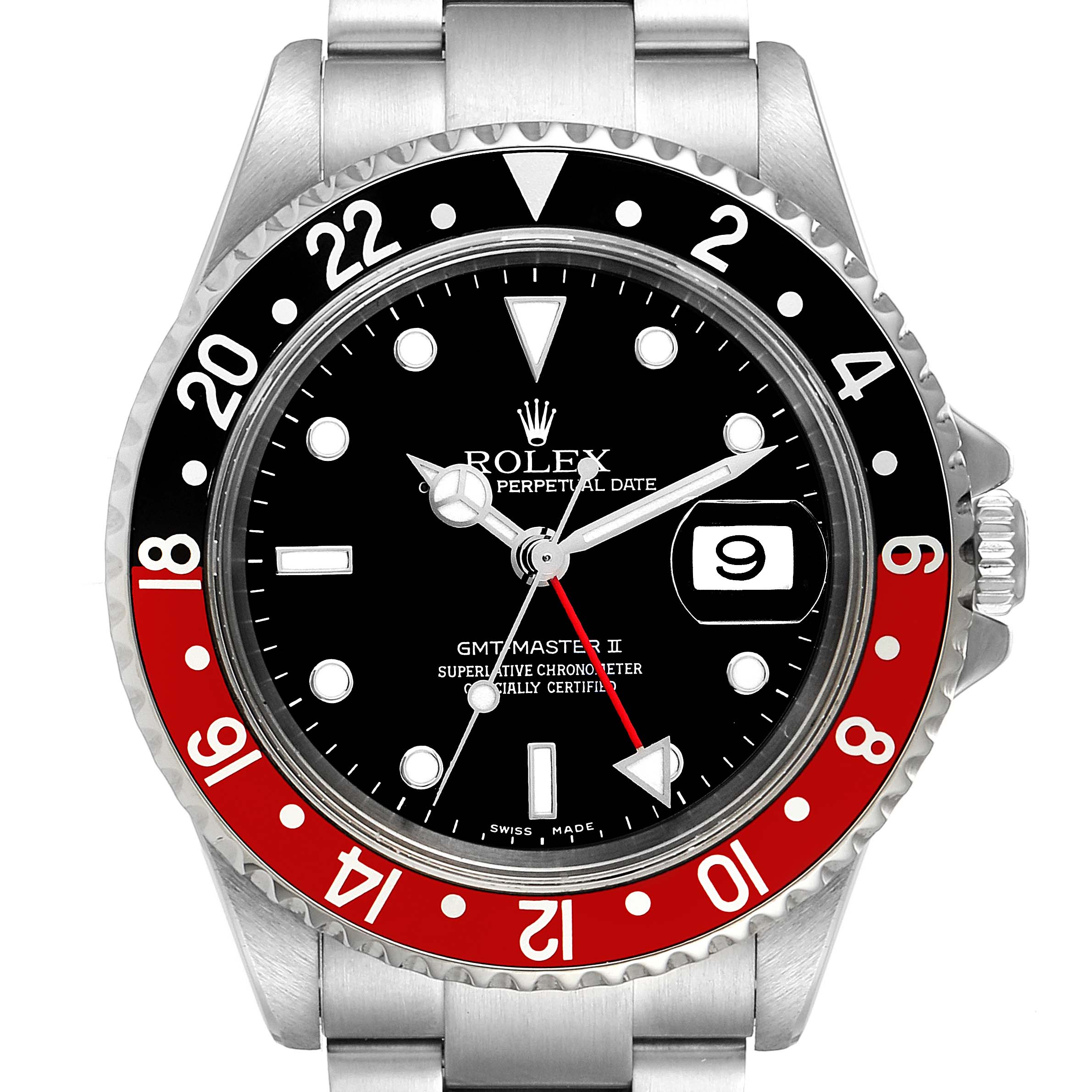 This image shows a close-up, front view of the Rolex GMT-Master 16710 Men's Stainless Steel Black Dial 16710 Men's Stainless Steel Black Dial II, highlighting the watch face, bezel, and date display.
