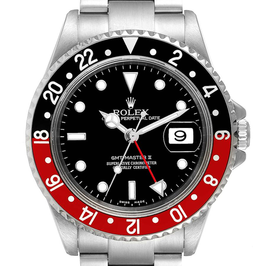 This image shows a close-up, front view of the Rolex GMT-Master 16710 Men's Stainless Steel Black Dial 16710 Men's Stainless Steel Black Dial II, highlighting the watch face, bezel, and date display.