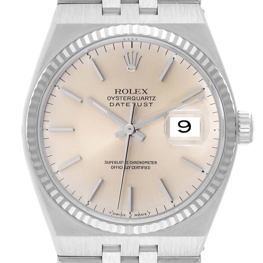 The image shows a front view of the Rolex Oysterquartz 17014 Men's Stainless Steel Silver Dial 17014 Men's Stainless Steel Silver Dial Datejust watch, displaying its dial, hands, crown, and date window at 3 o'clock.
