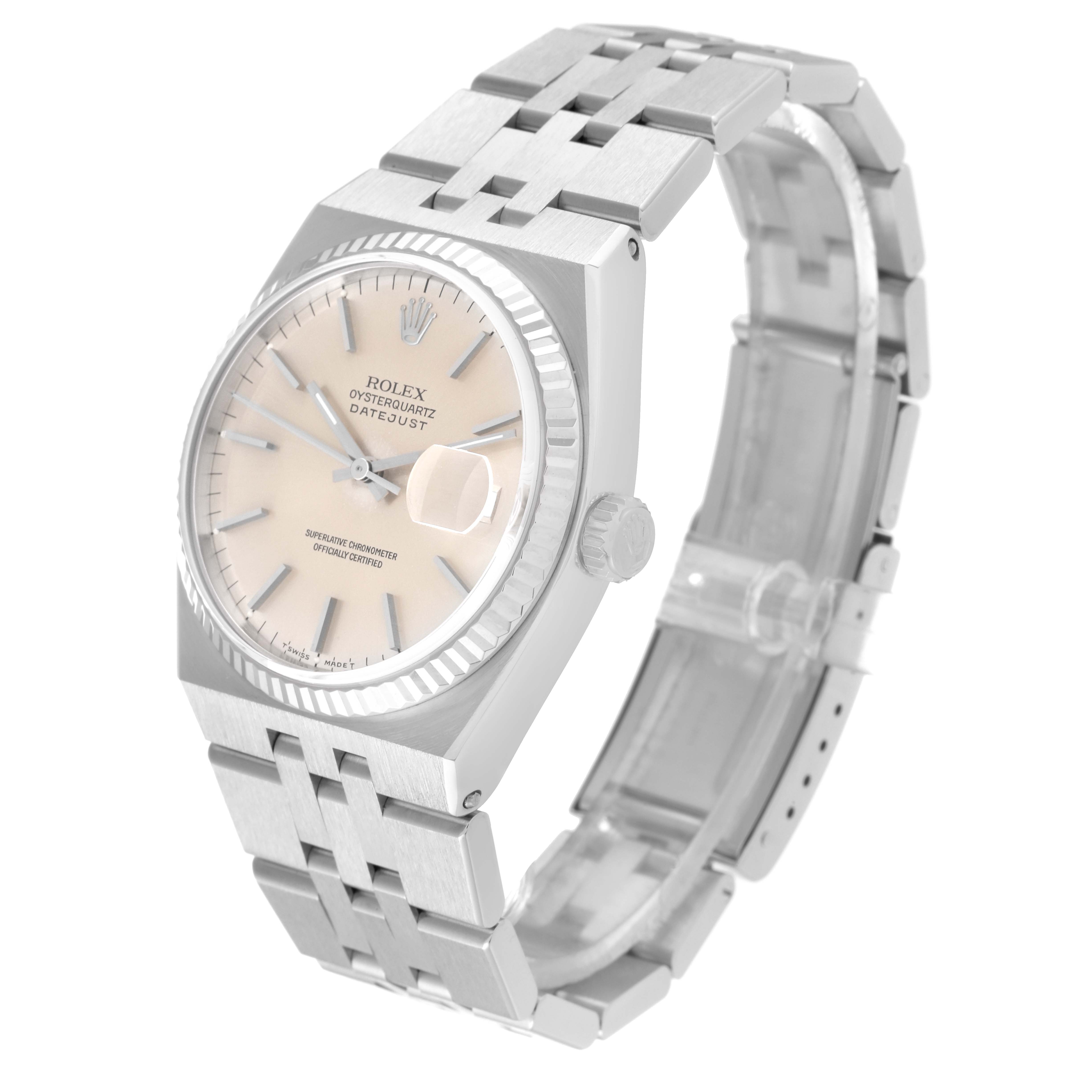 The Rolex Oysterquartz 17014 Men's Stainless Steel Silver Dial 17014 Men's Stainless Steel Silver Dial watch is shown from a three-quarter angle, highlighting its face, bezel, crown, and bracelet.