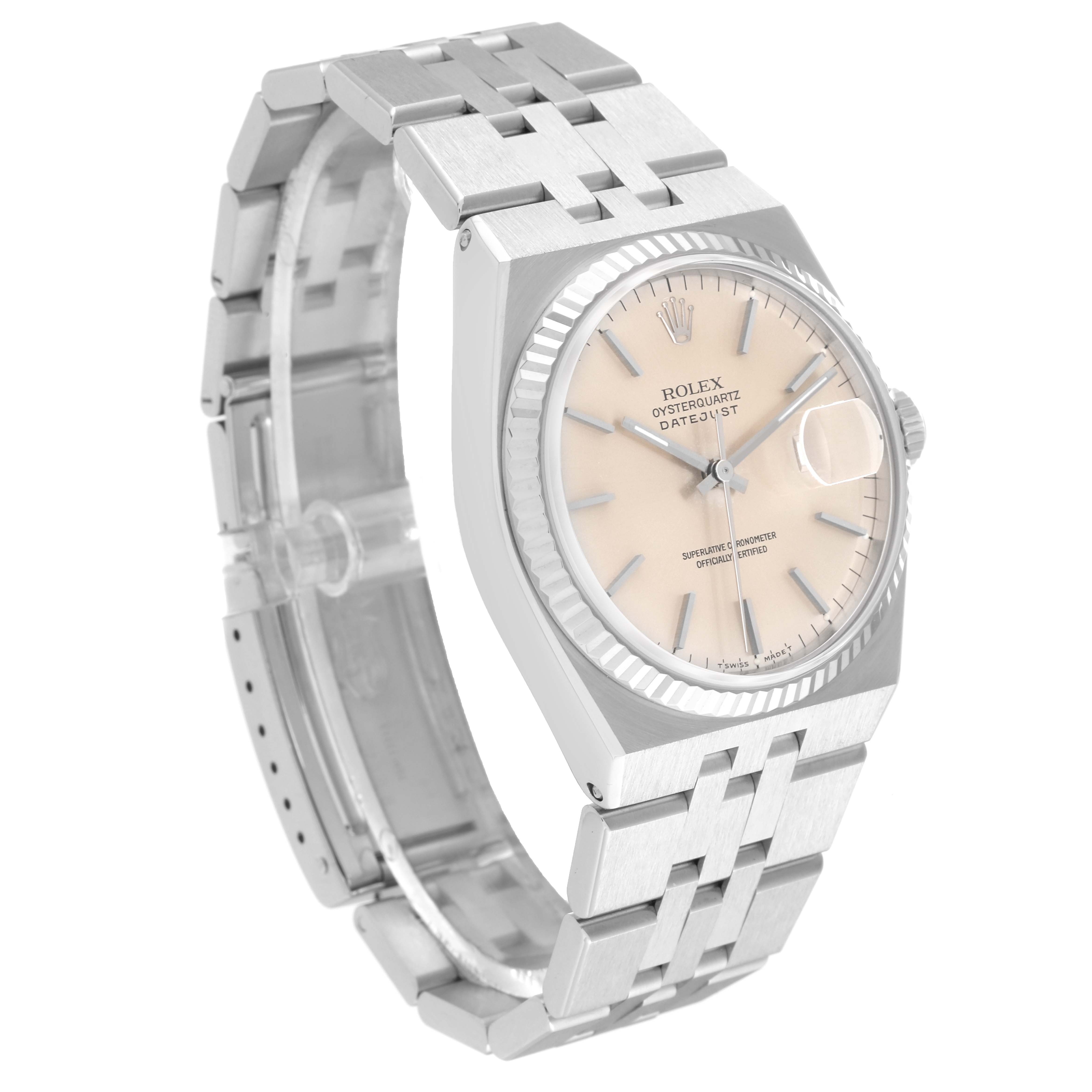 The Rolex Oysterquartz 17014 Men's Stainless Steel Silver Dial 17014 Men's Stainless Steel Silver Dial watch is shown at an angle displaying the dial, bezel, case, and partially opened bracelet.