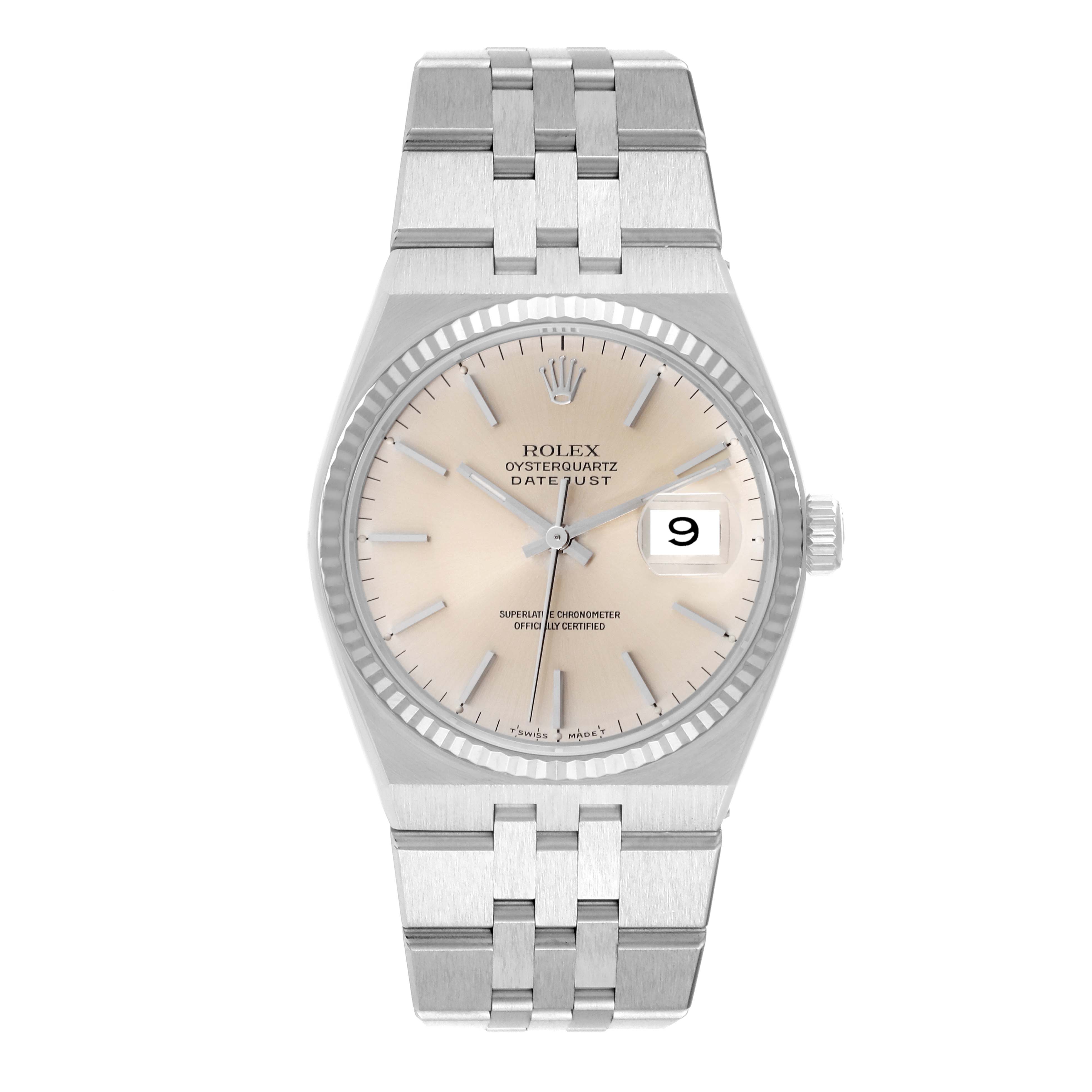 This is a frontal view of a Rolex Oysterquartz 17014 Men's Stainless Steel Silver Dial 17014 Men's Stainless Steel Silver Dial Datejust watch, displaying its dial, bracelet, and crown.