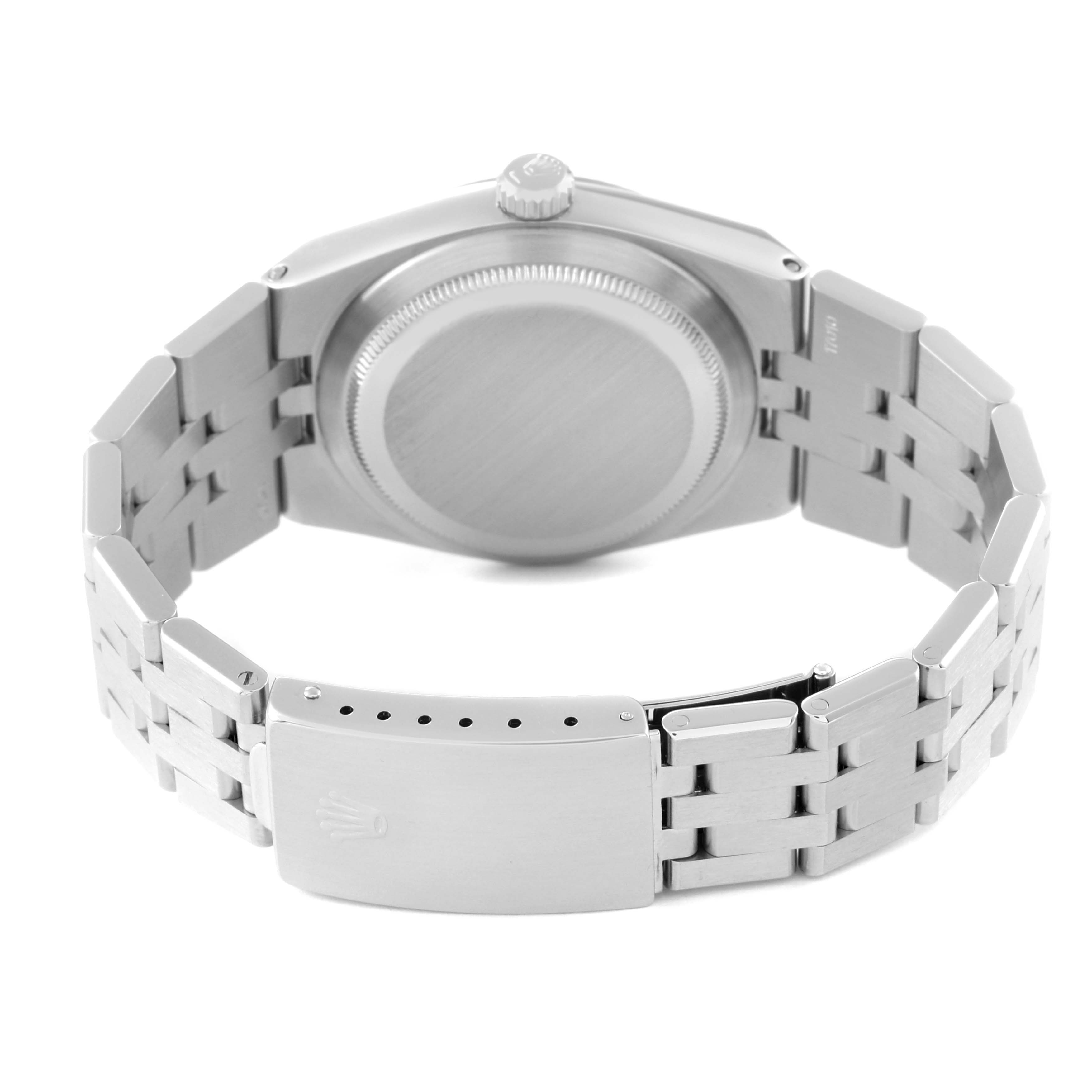 This image shows the back of the Rolex Oysterquartz 17014 Men's Stainless Steel Silver Dial 17014 Men's Stainless Steel Silver Dial watch, highlighting the bracelet and clasp.