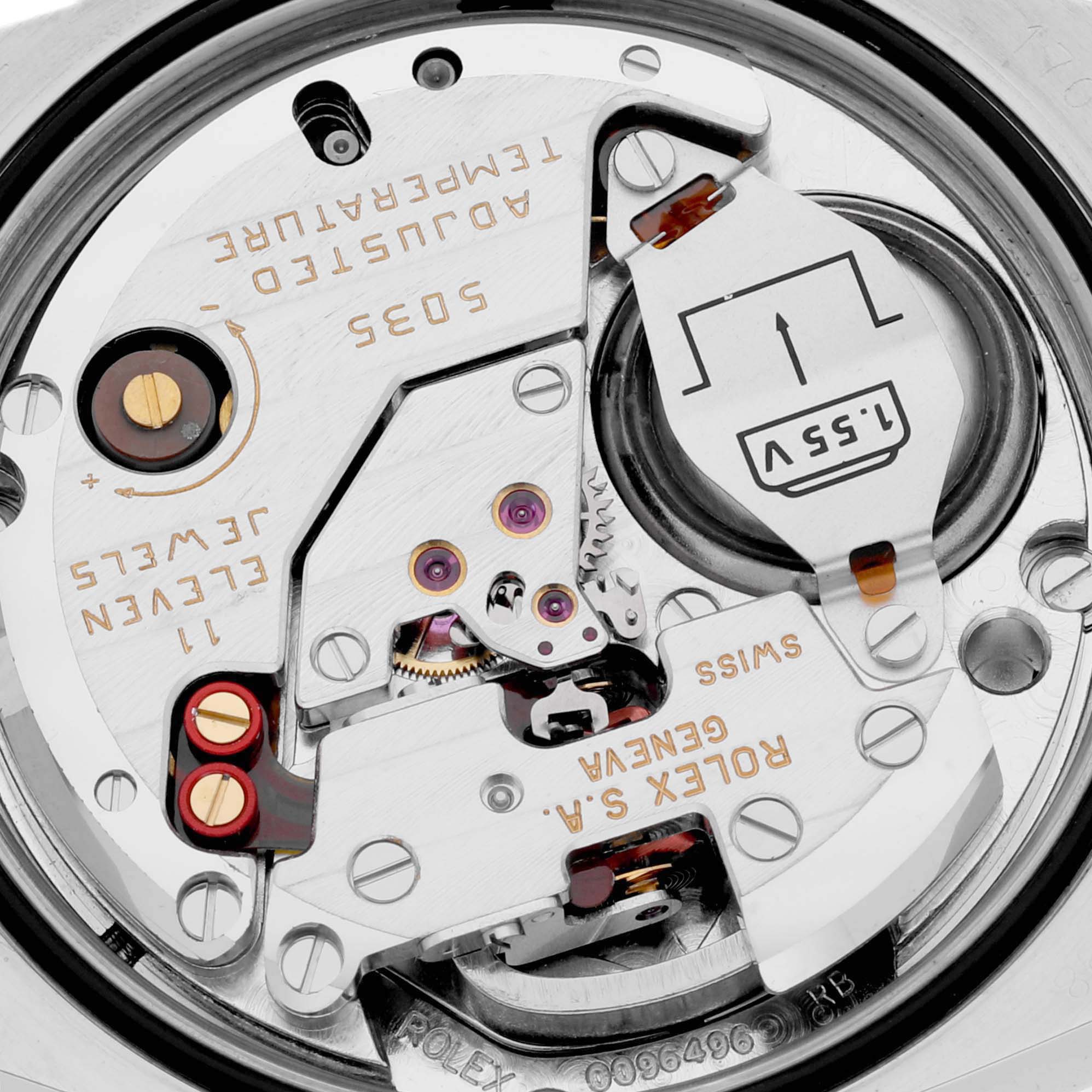 This close-up image shows the internal movement components of a Rolex Oysterquartz 17014 Men's Stainless Steel Silver Dial 17014 Men's Stainless Steel Silver Dial watch model.