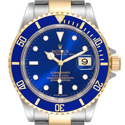 The image shows a frontal view of a Rolex Submariner 16613 Men's Steel and Gold (two tone) Blue Dial 16613 Men's Steel and Gold (two tone) Blue Dial watch featuring a blue dial, date display, and a two-tone bracelet.