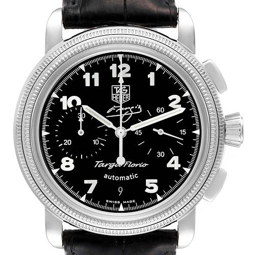 This image shows a front view of the Tag Heuer Targa Florio Limited Edition watch, featuring a black dial, Arabic numerals, subdials, and a leather strap.