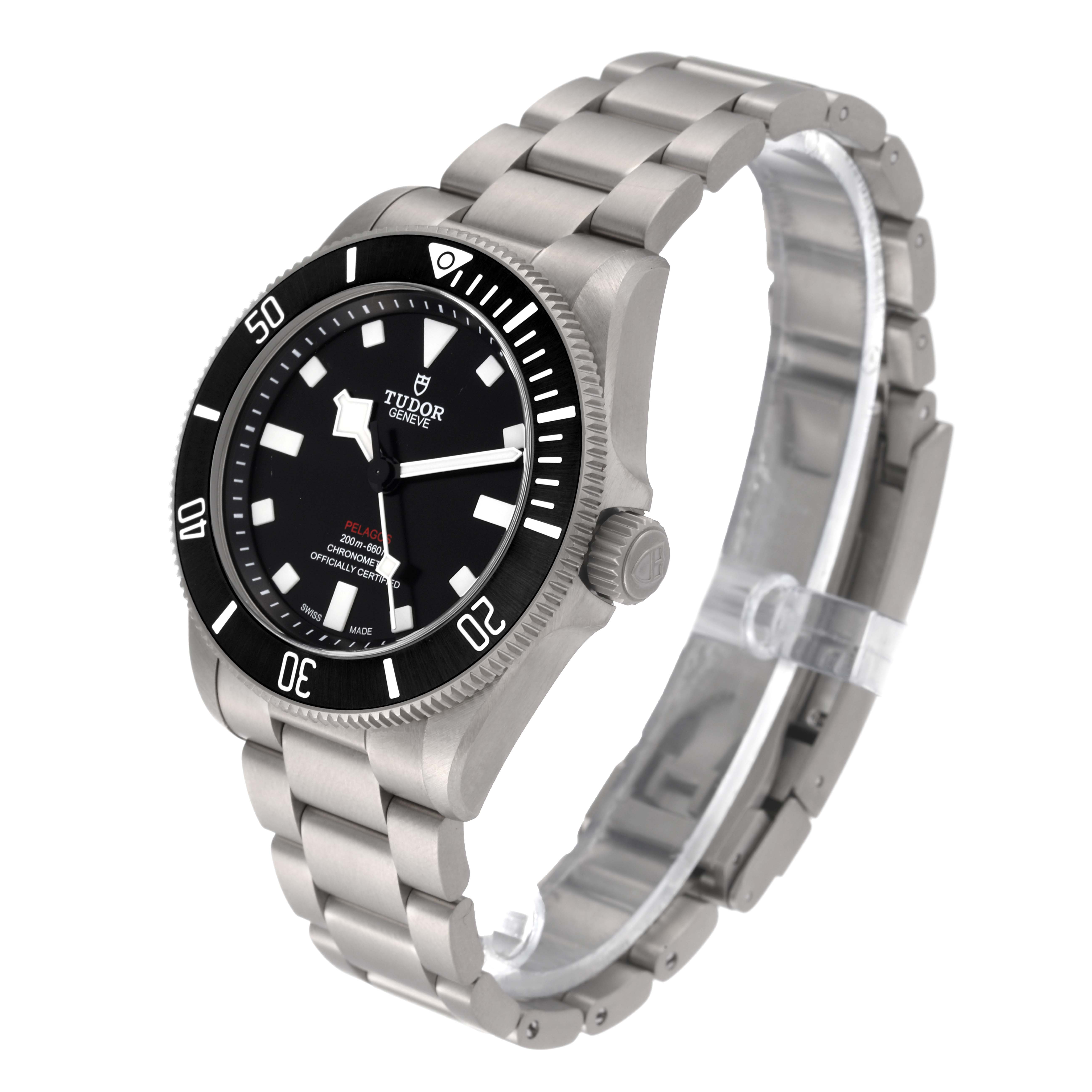 The image shows a Tudor Pelagos 25407N Men's Titanium Black Dial 25407N Men's Titanium Black Dial watch from an angled side view, displaying its bezel, dial, and metal bracelet.