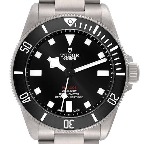 The image shows a front view of the Tudor Pelagos 25407N Men's Titanium Black Dial 25407N Men's Titanium Black Dial watch, highlighting the dial, hands, and bezel.