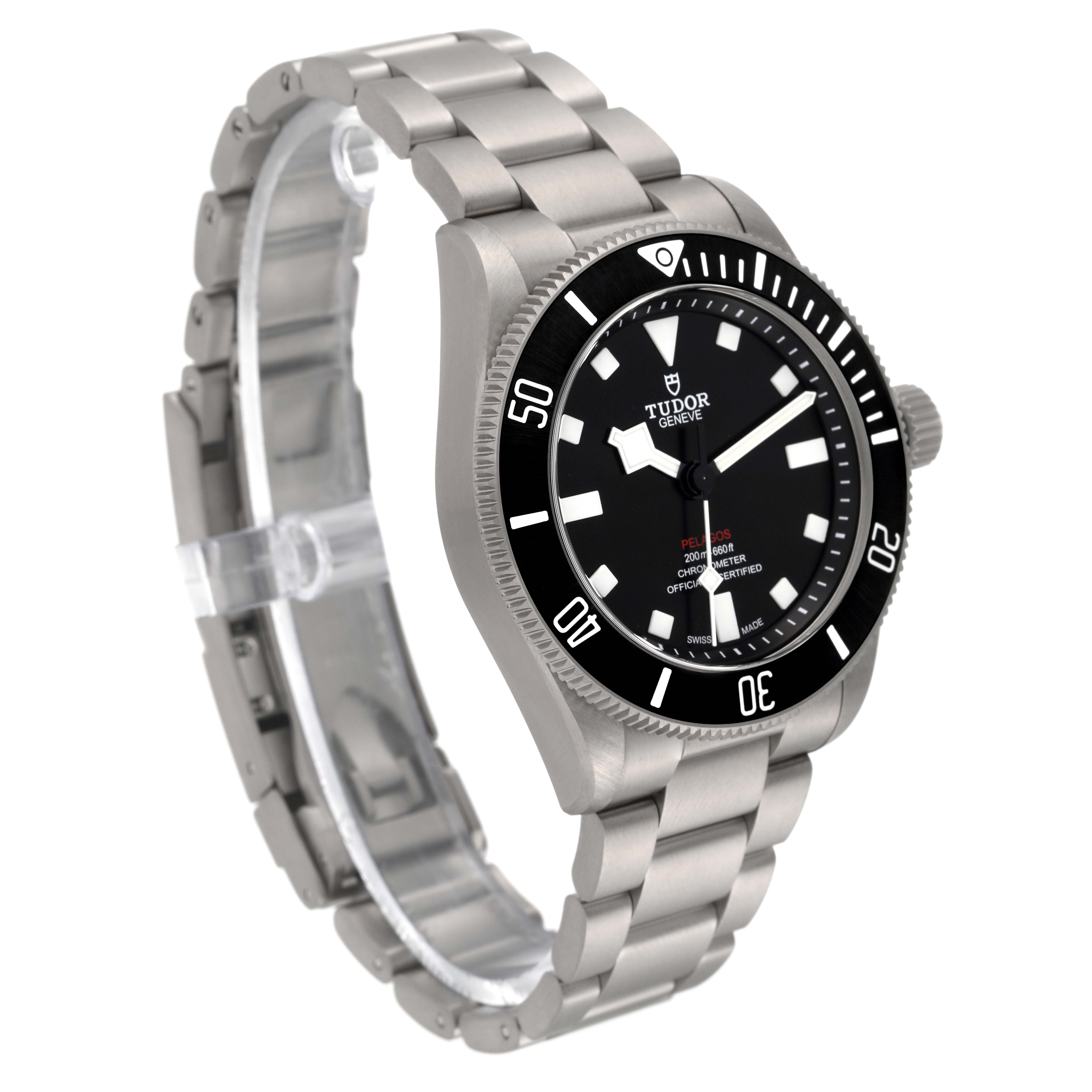 The image shows a Tudor Pelagos 25407N Men's Titanium Black Dial 25407N Men's Titanium Black Dial watch at a slight angle, highlighting its black dial, bezel, and metal bracelet.