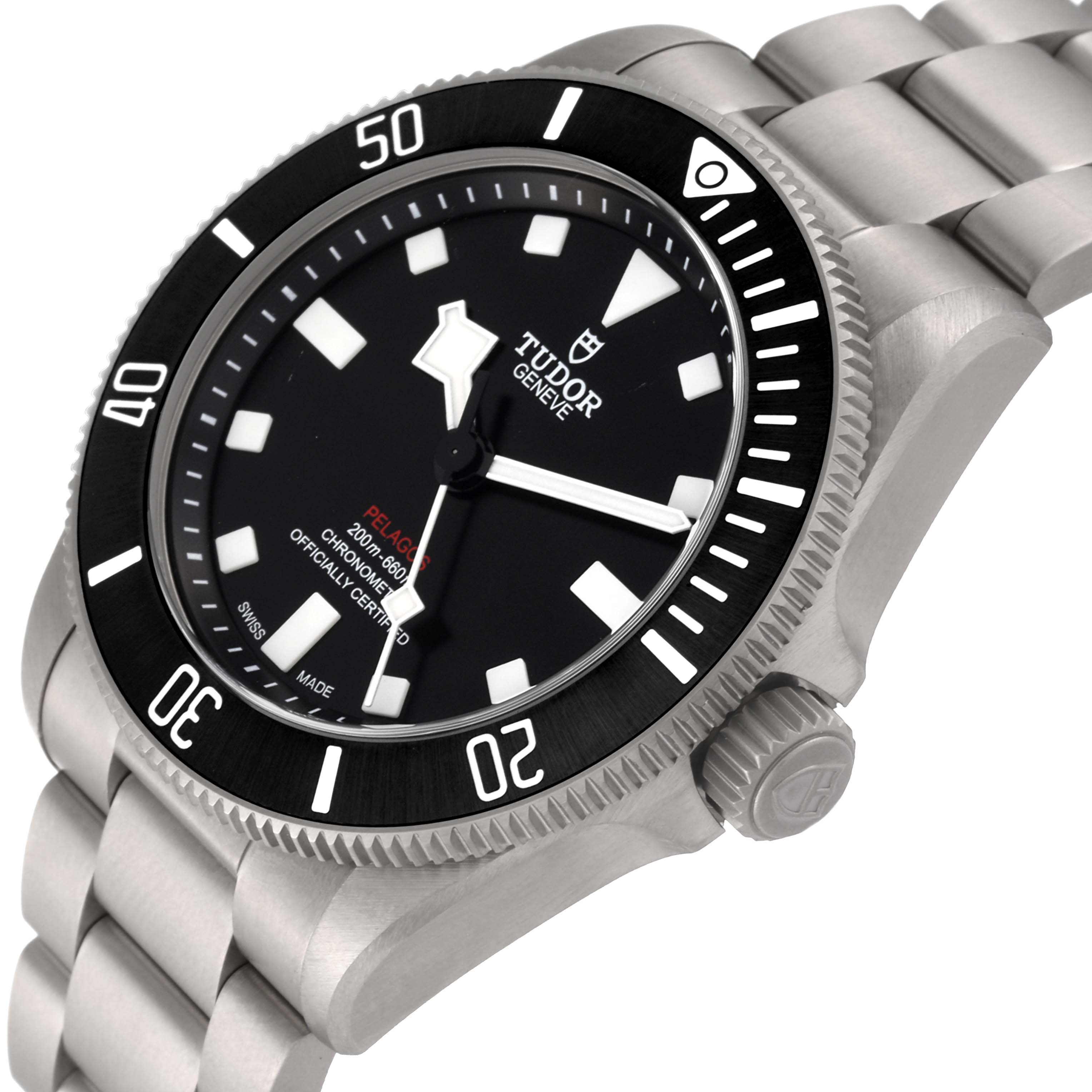 The image shows a Tudor Pelagos 25407N Men's Titanium Black Dial 25407N Men's Titanium Black Dial watch at a three-quarter angle, highlighting the dial, bezel, crown, and bracelet.