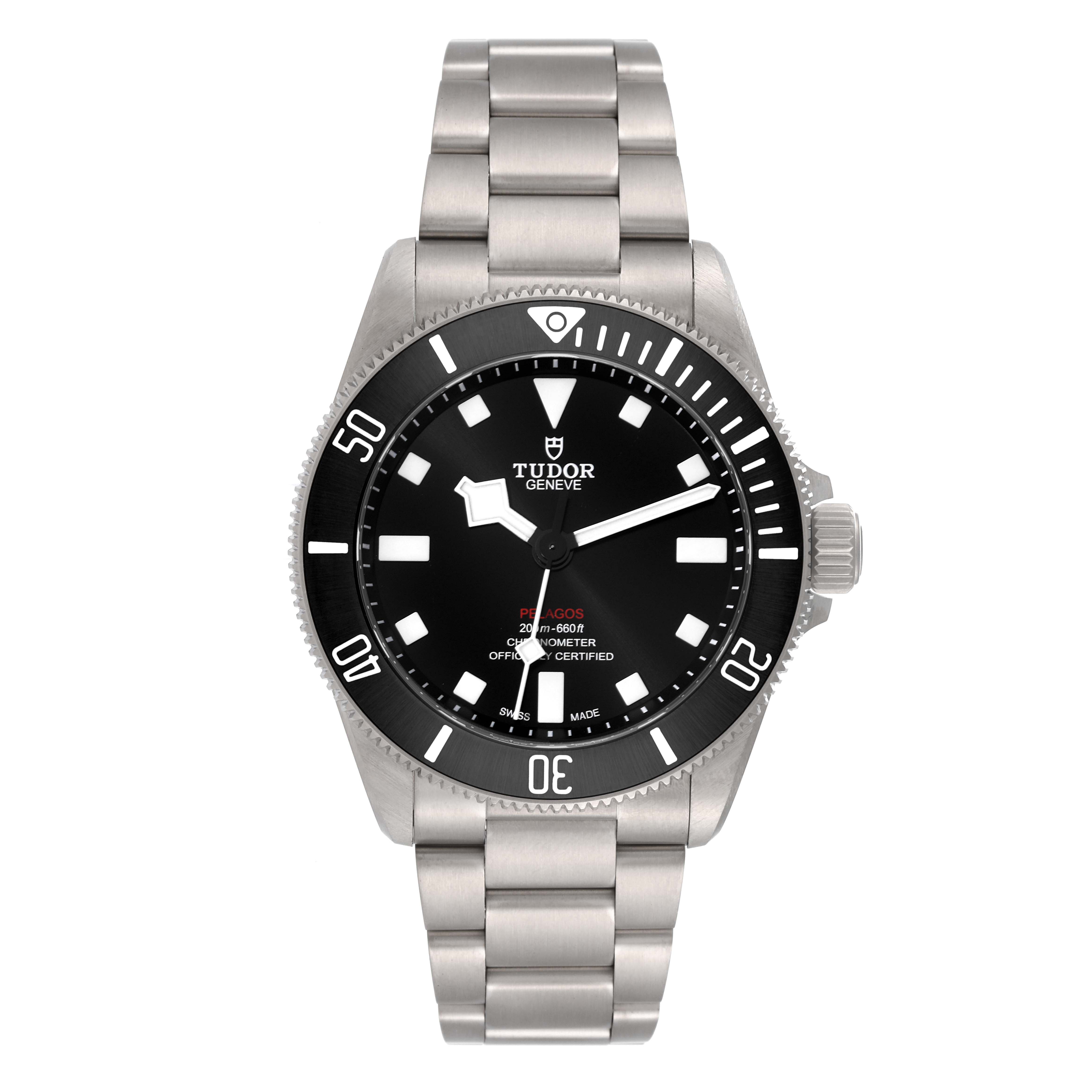 This image shows a front angle view of the Tudor Pelagos 25407N Men's Titanium Black Dial 25407N Men's Titanium Black Dial watch, highlighting its dial, bezel, crown, and bracelet.